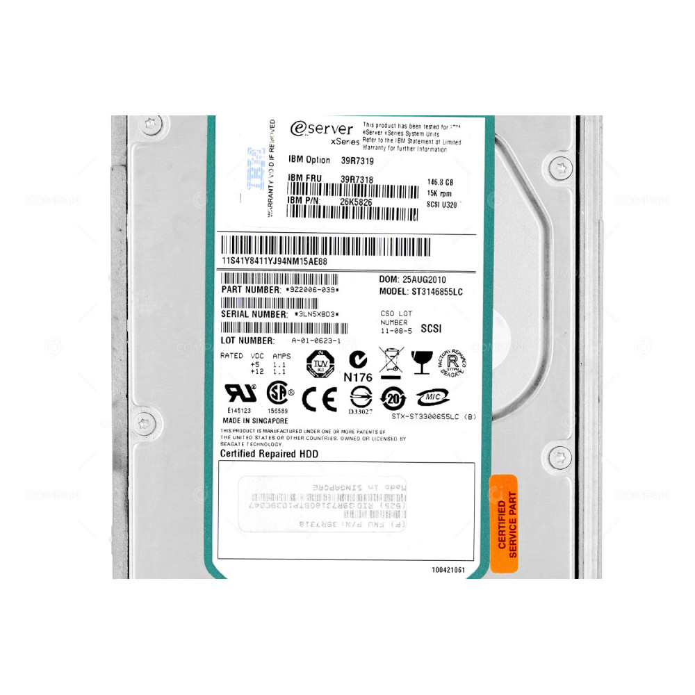 39R7318 IBM HARD DRIVE 146GB 15K U320 SCSI 3.5 LFF 26K5826, ST3146855LCC, 39R7319